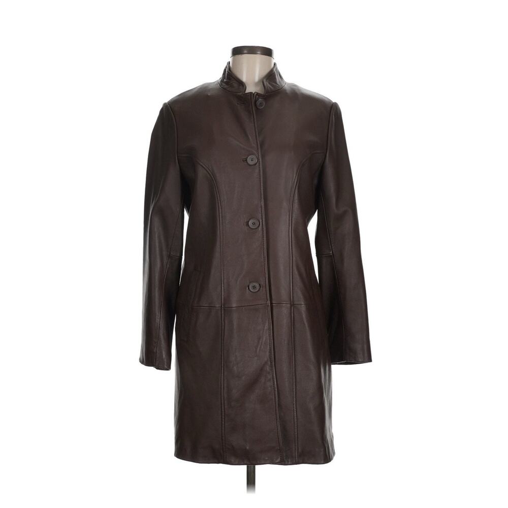 VTG Tibor Brown Leather Trench Car Coat SOFT Buttons Structured 8